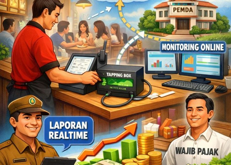 Ilustrasi mekanisme pemasangan tapping box di restoran dalam upaya peningkatan PAD./* (foto: Ilustrasi AI)